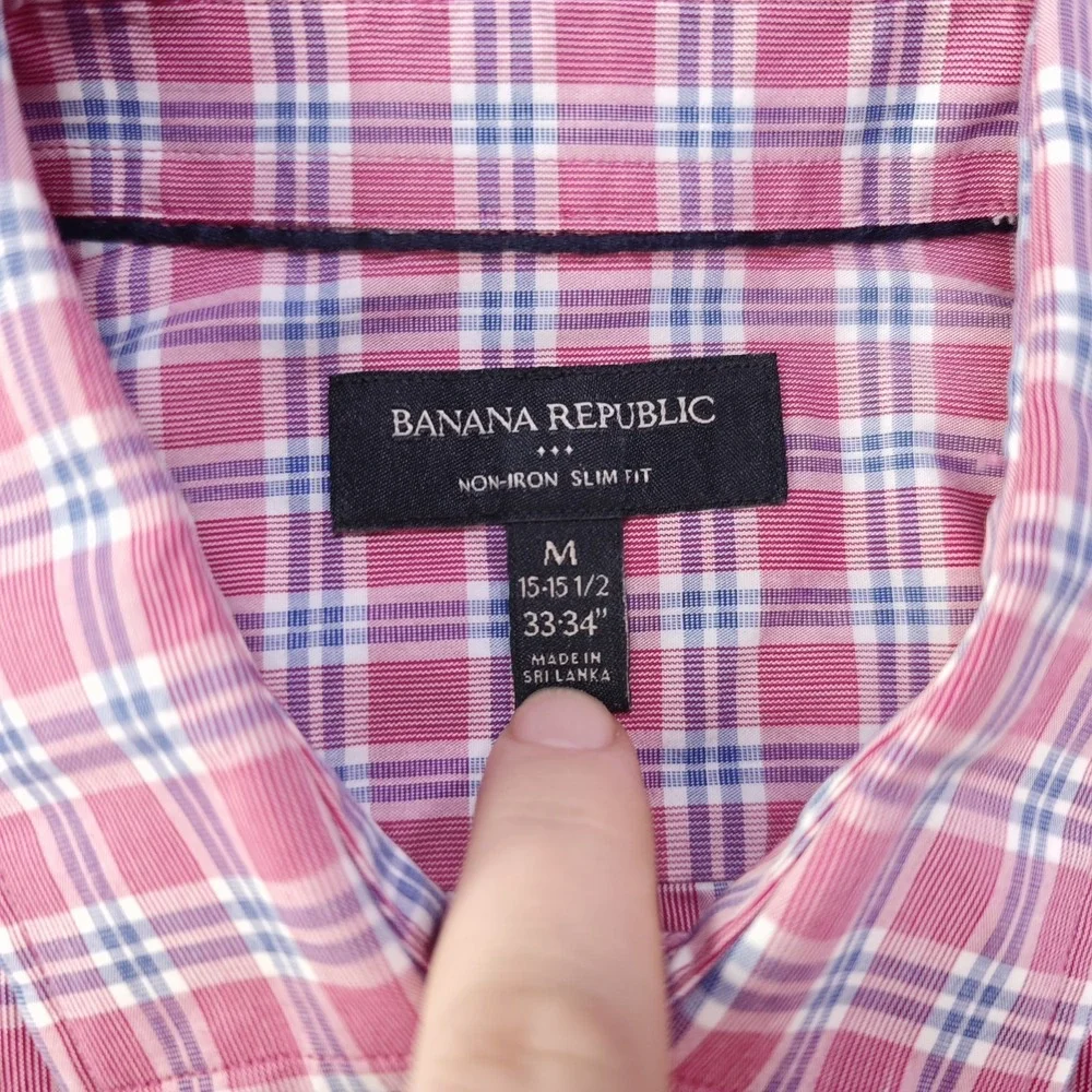 Banana Republic Shirt Mens Medium 15 15.5 33/34 Non Iron Slim Fit Red Blue Check